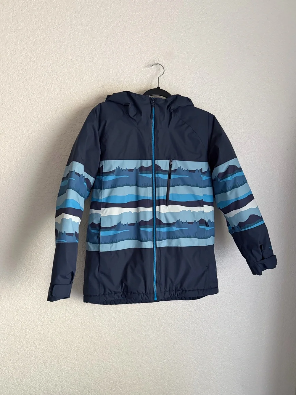 L.L.Bean Kids Waterproof Ski Jacket Blue Mountain Print Hooded Insulated L 14-16